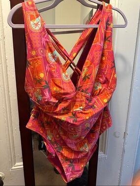 Old Navy Pink and Orange Tropical Print One-Piece Swimsuit